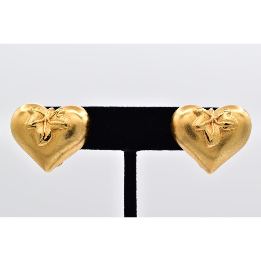 Givenchy Vintage Strawberry Heart Clip On Earrings Brushed Gold Signed 80s BinAY